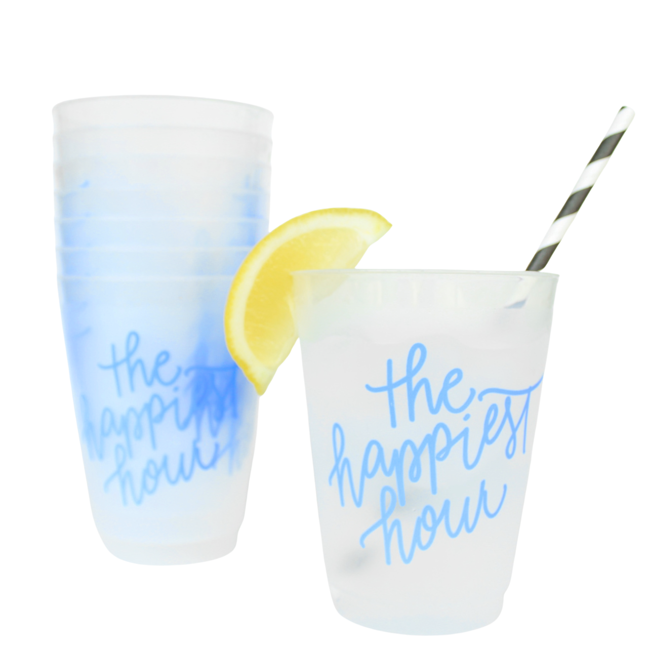 The Happiest Hour Party Cups in Blue, Set of Eight 16 Ounce Plastic Cups